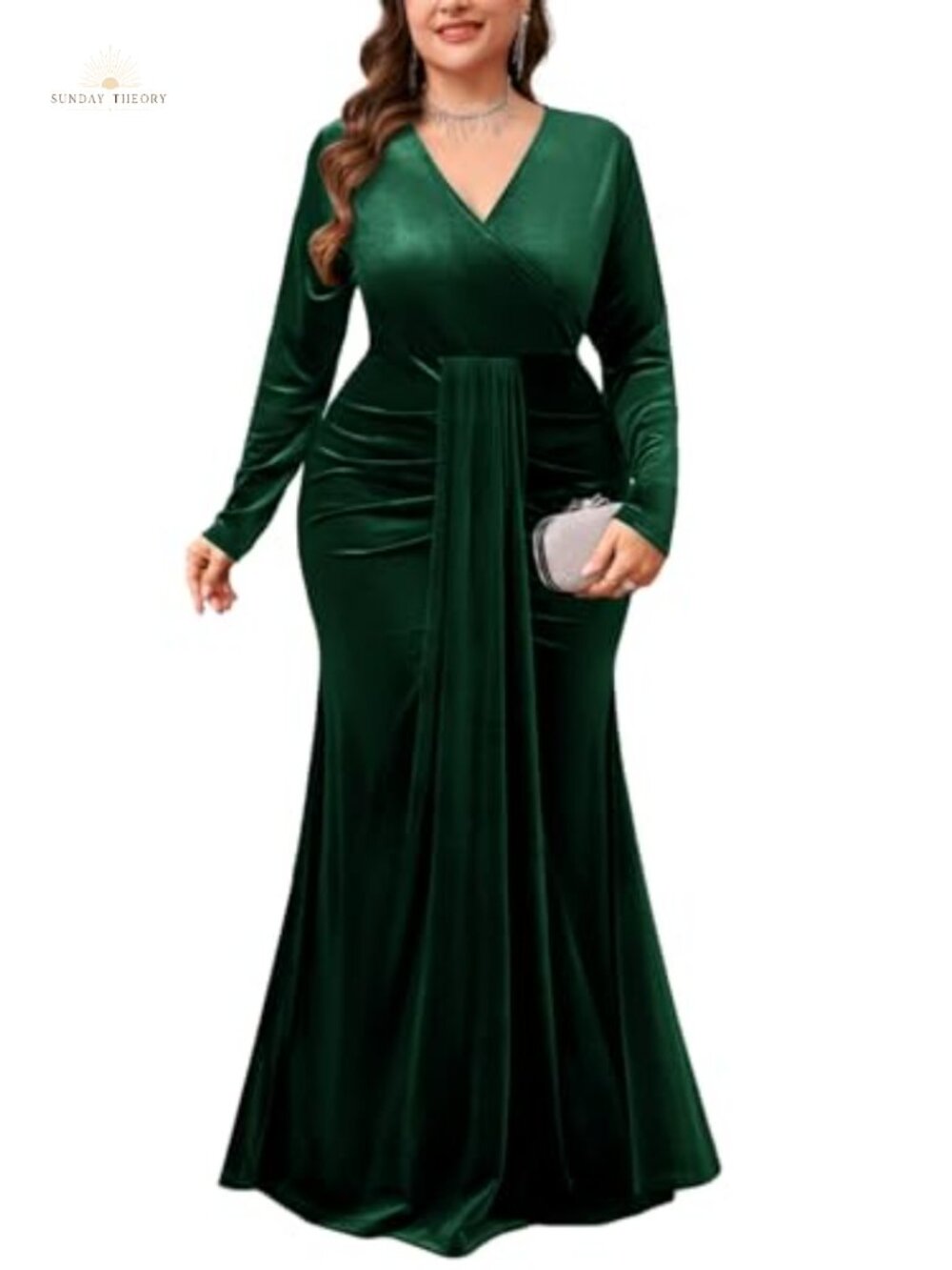 Plus Size Velvet Wrap Dress Long Sleeve V Neck Mermaid Maxi Formal Evening Gown